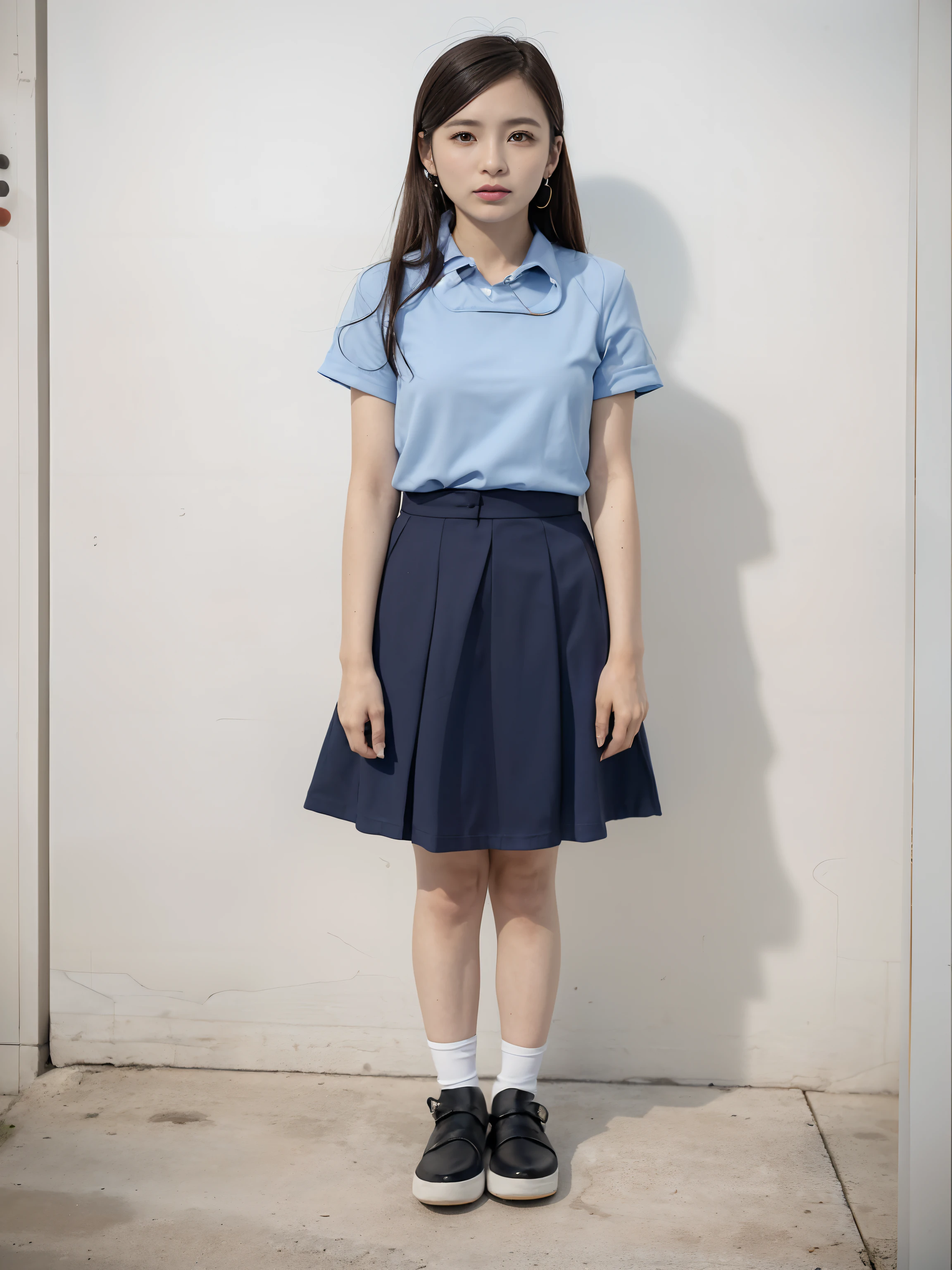 mix4, (16 mil, RAW photograph, Superior image quality, ​masterpiece: 1.45), (realisitic, photorrealistic: 1.37), an girl, 7.5 head body、standing pose, cute little, An urban landscape,, profetional lighting, photon maping, Cityscape with street trees, physics based rendering, Dark brown hair gradient,, a handsome, Well-cared for and beautiful eyes、Double eyelidm、girl with, (((student clothes、Long-sleeved shirt worn by high school girl from Japan、Navy blue vest、Ribbon-shaped tie、Dark blue skirt over the knee, navy blue beret、Dark blue knee-high socks、black loafers))), Top Quality Photos, high resolution, 1080P, (fair face), (face detailed description), (detailed hand description), (​masterpiece), (exquisite CG)、Extreme light and shadows、disheveledhair、Masterpiece artwork、Detalhe abundante、(fine facial features)、(top quality photo)、(masuter piece)、(A detailed look)、Look in front of you、thin clavicle、((tall and thin))、(((Student from Japan wears long-sleeved shirt)))、((Sistema Sexy Idol))、((Sidewalk with street trees))、(Shooting from random perspectives)、(((Anyway cute)))、earrings、(A big smile:0.4)、Taking the whole body off the knees、Do not draw nasolabial grooves、(((Mature high school girl from Japan)))、(Big breasts that hang big:1.2)、big buttocks with tension、two arms and two legs、(((on the front side:0.6)))、bare hand、