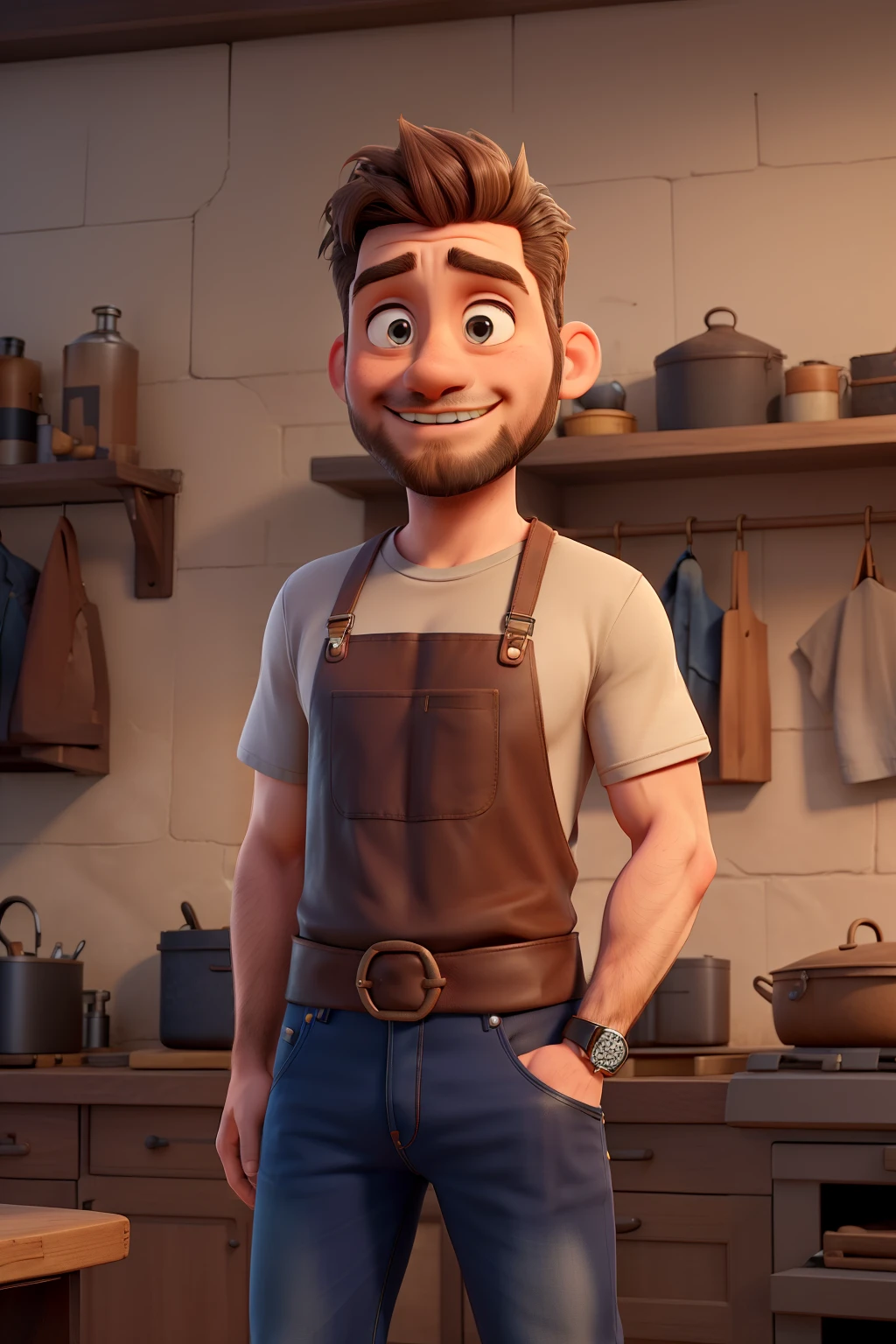 one men, short beard, eyes browns, a tshirt, and a leather apron, a pair of jeans, and let's go, holding with one hand a meat skewer, and with the other a meat knife , Pixar-style image, 3D animated film style, Disney,