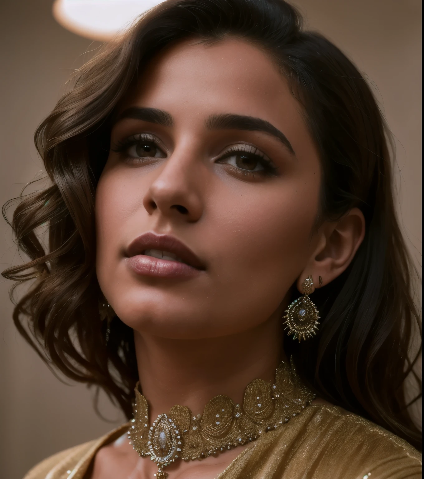 realistic portrait of an extremely beautiful (((Colombian woman))), в облегающем черном платье Nadia Long Sleeve Scoop Back Midi Dress, Wearing a necklace, detailed facial features, piercing black eyes, elegant long eyelashes and hair, beautiful lips, gentle nose, complex decorations, dramatic lighting, very detailed, photorealistic, 8 K, Cinematic composition, dramatic pose, masterpiece