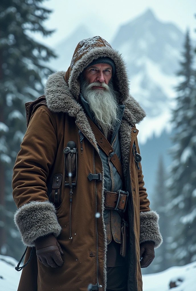 bearded mountain man wearing a hoodie in a snowy forest with snow on the trees,, epic fantasy character art, a character portrait, cyberpunk art 3D effect ultra-detailed intricate insanely full HD, full body portrait, hyperrealist artwork, photorealistic digital painting cinematic film light, expressive eyes, wearing a winter hat in front of a steampunk aesthetic snowy mountain range, a character, portrait, photorealism, cg society contest winner, 8k artistic portrait photography, cinematic realistic portrait, highly detailed vfx portrait, cinematic shot epic portraits, portrait of a rugged ranger, portrait of an adventurer, adventure, beard gray, an image of a man in a fur coat on top of a snow covered mountain, a detailed matte painting, male polar explorer, combat and adventure photography, matte painting portrait shot, neanderthal people, hunter alone in the wilderness, wearing cave man clothes, (steampunk), (cyberpunk aesthetic), (retrofuturism, atompunk), heroic proportions, inside trunks cabin, campfire, , western, wild west, low-angle shot, dramatic angle, extreme angle shot, epic fantasy, horror, wild ife, , macro shot