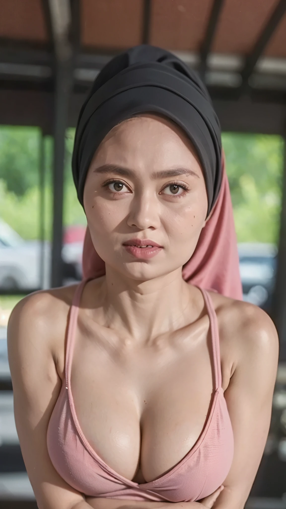 A woman with pink hijab, Realistic, Photorealistic, 8K, Masterpiece, Best Quality, High Definition, Live Action, RAW Photo, Single Woman, Beautiful Body, Big, Cleavage, Sexy, red Competitive Swimsuit, Married Woman,  