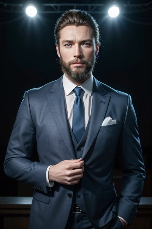 clearing! Here is a prompt in Portuguese that you can use to generate the image of a presenter with blue eyes and a beard:

"Create an image of a male TV presenter with bright blue eyes and a well-groomed beard. He's dressed smartly, wearing a dark suit and tie. The background should be a modern TV studio, with soft lights highlighting the presenter's face and creating a professional atmosphere."

This prompt should help create an image that meets your specifications!