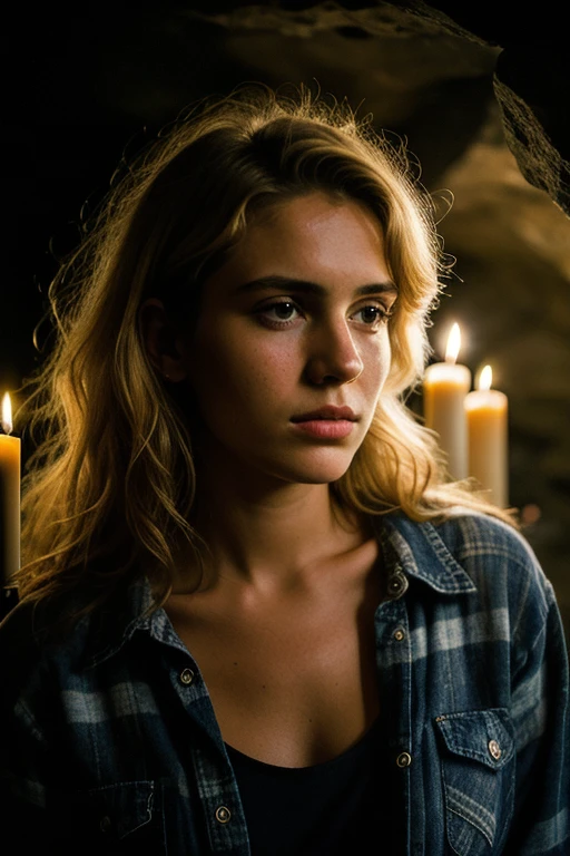 photograph of a woman, (troubled facial expression), textured skin, goosebumps, blonde afro hair, plaid flannel shirt with distressed boyfriend jeans, cowboy shot, dark and mysterious cave with unique rock formations and hidden wonders, perfect eyes, (candlelight,chiaroscuro), Porta 160 color, shot on ARRI ALEXA 65, bokeh, sharp focus on subject, shot by Don McCullin