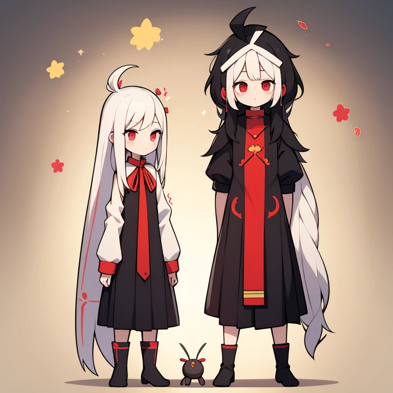 　Primary school students　young　small　height: 130cm　Standing picture Simple design　The dress is a one-piece　camisole　Sleeveless　No sleeve　Long Hair　Long black hair　Hair is black　Red eyes　Shoulder-baring ahoge　Kokeshi
