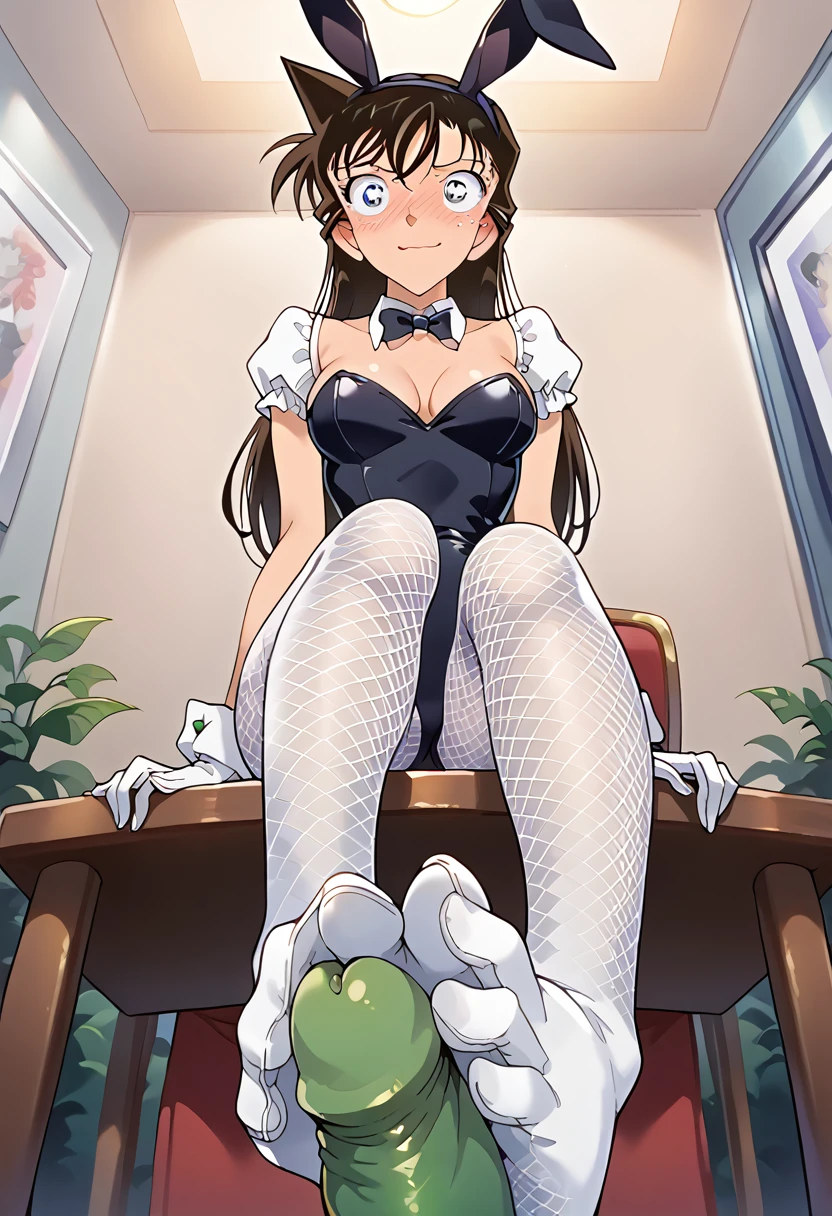 masterpiece,High resolution,Highest quality,8k
(Detective Conan,Ran mouri)
(Bunny Suit,Fishnet tights,Rabbit Ears,White gloves)Embarrassed,Embarrassed,Smile
Sit,Footjob,green penis,From below,First Person View,