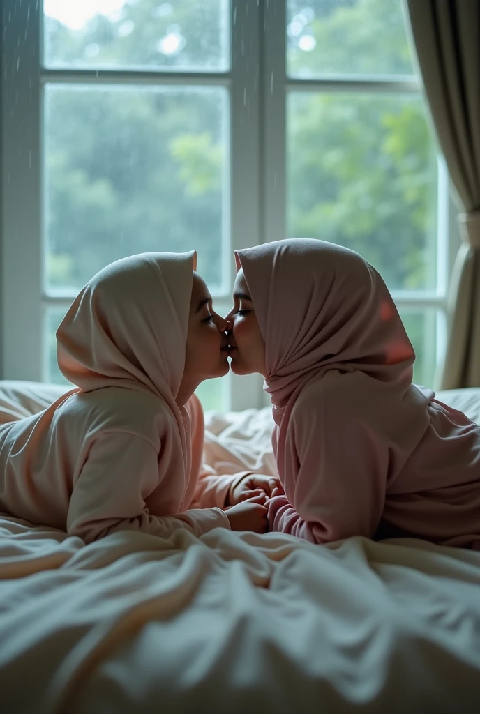 two beautiful hijab indonesian lesbian girl,mom and girl,laying down,bra and panties,hugging,french kiss,breast grope,view from far,,raining,