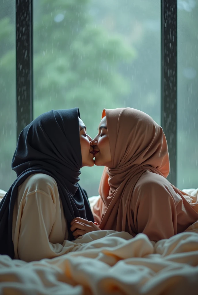 two beautiful hijab indonesian lesbian girl,mom and girl,laying down,bra and panties,hugging,french kiss,breast grope,view from far,,raining,