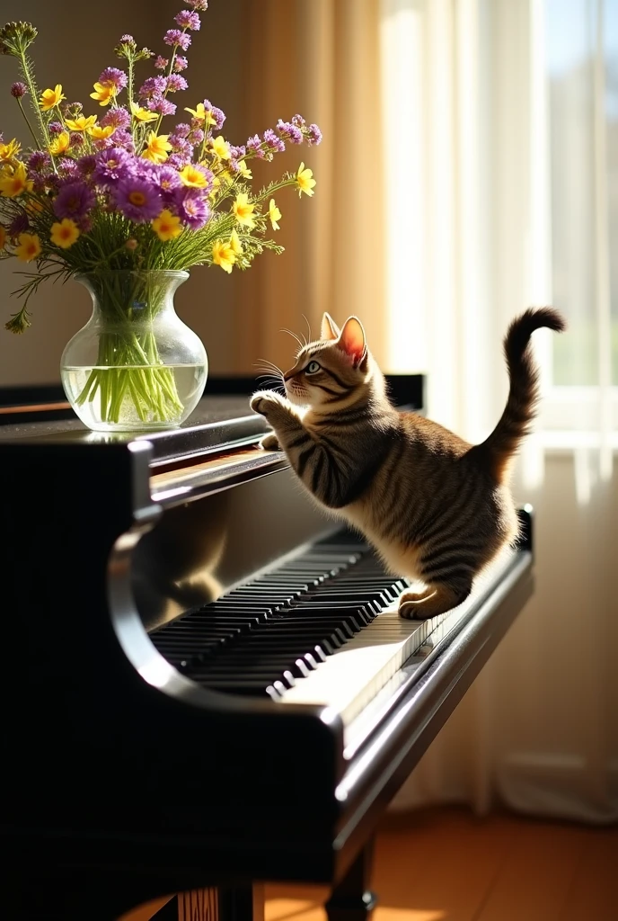 A cat playing the piano with a vase of flowers on top of it.