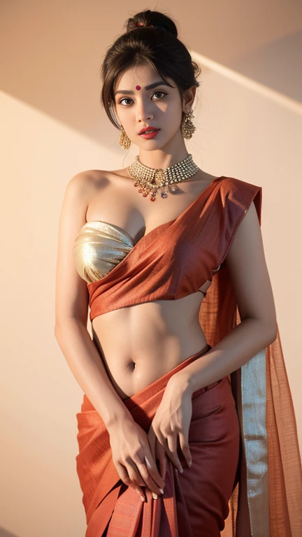 Beautiful glamorous Young Indian girl, wearing traditional saree, ultra realistic skin texture , ultra high definition 8k resolution, masterpiece. Perfect size brest nipple nice cleavage seductive poses red lips full body front face nudes 