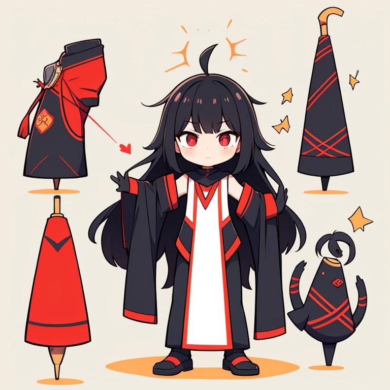 　Primary school students　young　small　height: 130cm　Standing picture Simple design　The dress is a one-piece　camisole　Sleeveless　No sleeve　Long Hair　Long black hair　Hair is black　Red eyes　Shoulder-baring ahoge　Kokeshi
