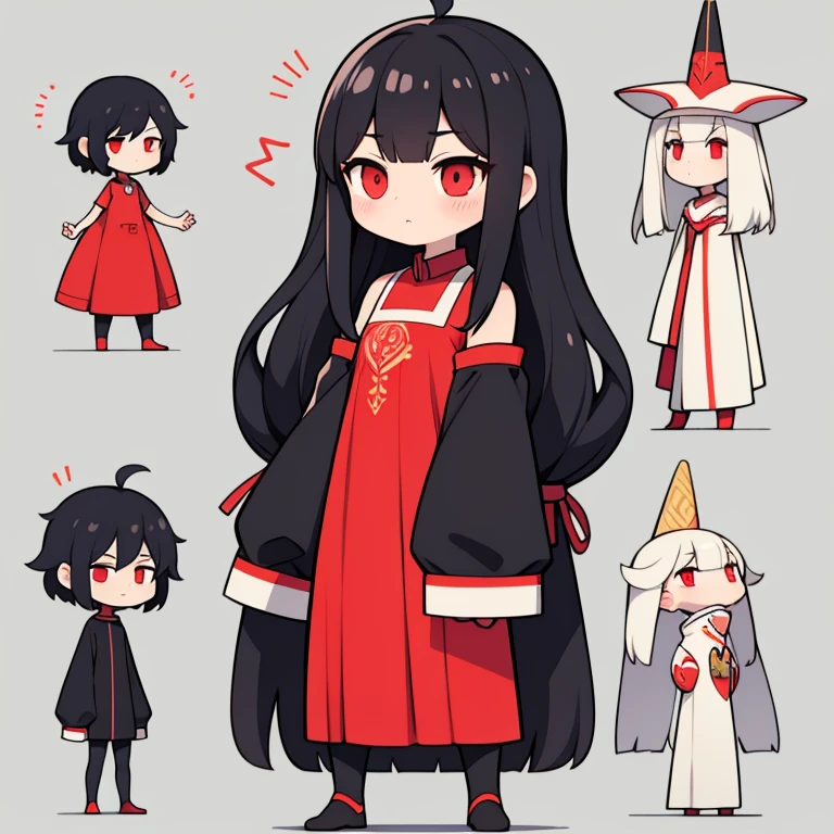 　Primary school students　young　small　height: 130cm　Standing picture Simple design　The dress is a one-piece　camisole　Sleeveless　No sleeve　Long Hair　Long black hair　Hair is black　Red eyes　Shoulder-baring ahoge　Kokeshi
