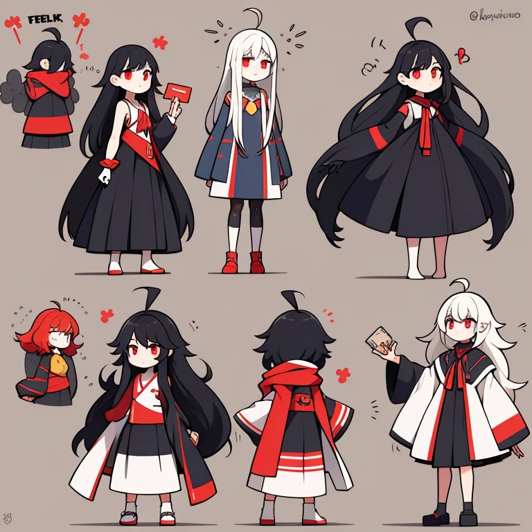 　Primary school students　young　small　height: 130cm　Standing picture Simple design　The dress is a one-piece　camisole　Sleeveless　No sleeve　Long Hair　Long black hair　Hair is black　Red eyes　Shoulder-baring ahoge　Kokeshi
