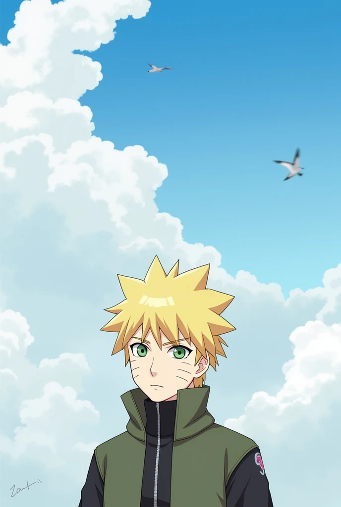 Zhibi Naruto, 1个boy, Blonde Hair, Male focus, Solitary, sky空, Green Eyes, cloud, sky, Beard Marking, bird, blue sky空, boy, jacket, outdoor, Upper Body, cloudy sky空