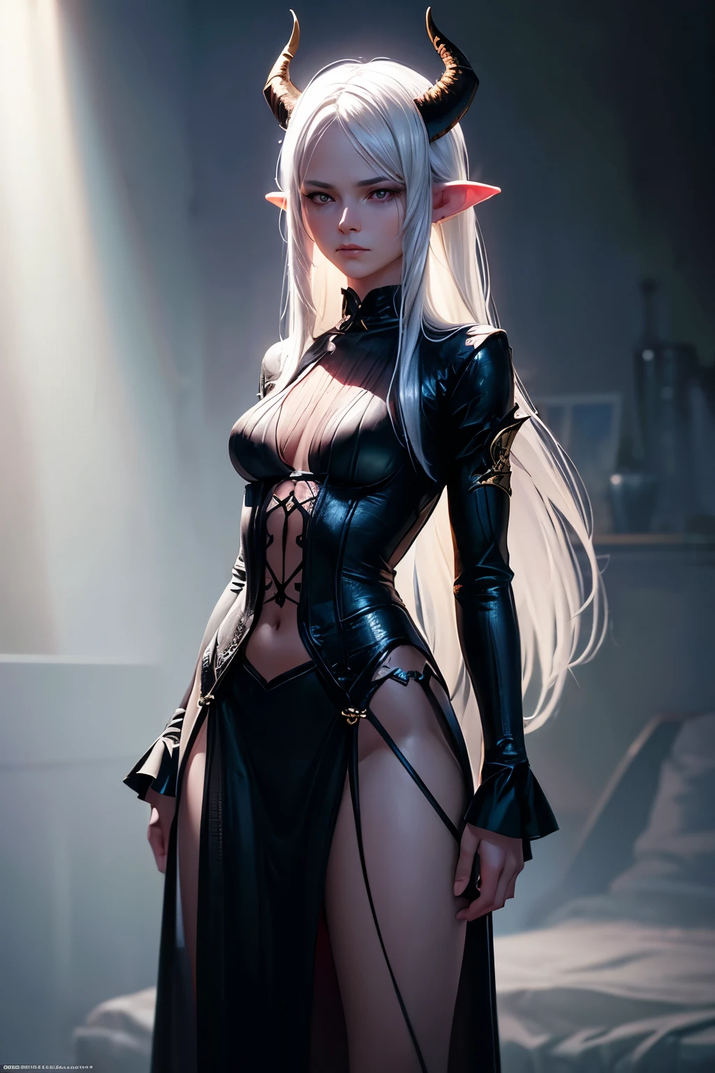 1girl, Slender body, Fair skin, Smooth skin, Soft thighs, Small breasts, White hair, Long-length hair, Soft hair, Red eyes, Long pointed ears, Black ribbed shirt, Black skirt, Demon horns (best quality, masterpiece:1.2), (realistic:1.4), (photorealistic:1.4), (high resolution:1.2), (cinematic lighting:1.2), (cinematic colors:1.2), (trending on artstation:1.2), (digital art:1.2), (concept art:1.2), (muted colors:1.1), (soft lighting:1.1), (depth of field:1.1), (volumetric lighting:1.1)