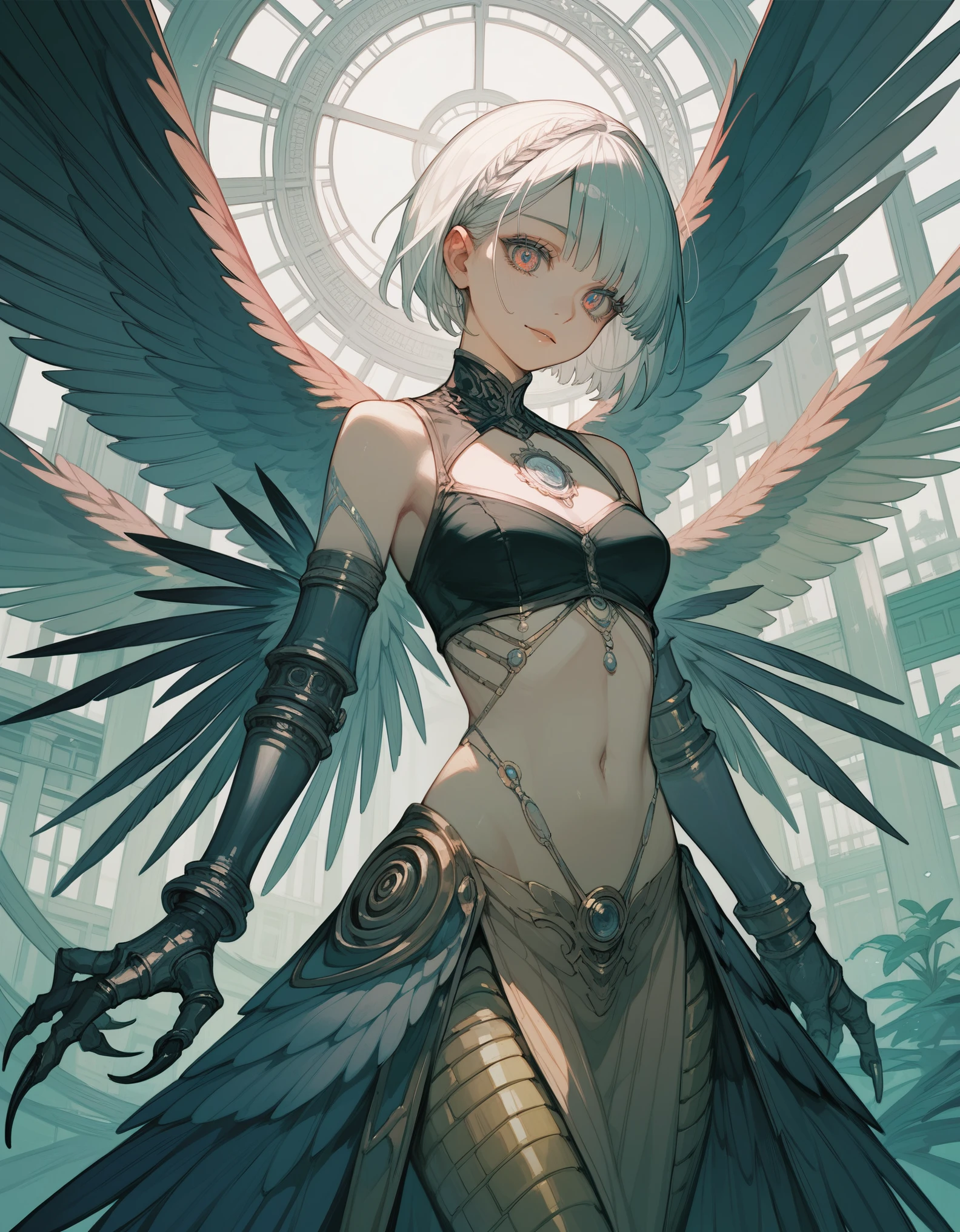 Full body of a serene golden cyborg woman wrapped silk, devils tattoos, Vr glasses, white hair, finger pointing foward, Angels wings, levitating, collosal holy light as background at ancient futuristic temple