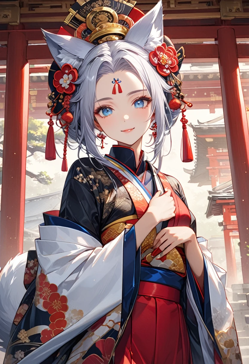 Ink painting, (((1 girl))), (((Tattoo in the middle of the forehead))),(((In the background is the Akatsuki moon))), (((Oiran))), (((Great hair accessories))), Demon possession, ((Masterpiece:1.2)), ((Highest quality)), Extremely detailed and delicate illustration style, Detailed leather texture, Detailed canvas texture, Very detailed description, (Masterpiece T), Extremely beautiful illustration, Highly detailed face, Raw image, professional, Ultra-high resolution panel, Complex details, Superior detail, Intricate decoration details, Perfect anatomy, real, (A very beautiful and kind silver fox woman or girl with blue eyes wearing a kimono), ((Beautiful silver fox ears)), (Beautiful silver fox tail), (Beautiful and shiny silver hair), (Beautiful and clear blue eyes), (Beautiful detailed eyes:1.6), ((Japanese temple priestess style: 1.7)), (Traditional tailored outfit), Front view, White flower kimono, Long red hakama skirt, A maxi skirt, Modestly dressed, He smiles, ((Standing and looking at me)), ((The day)), (Extremely detailed and beautiful Japanese temple construction), (8K Highest quality wallpaper), (Extremely detailed and delicate background)