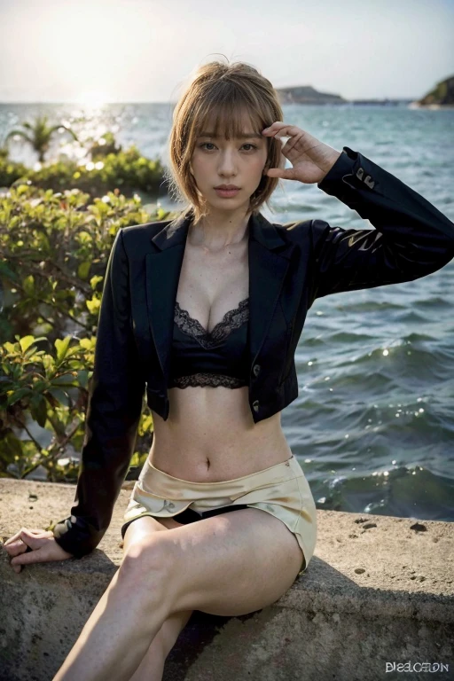 Film style、8k、Ultra HD resolution、inspired by the 007 movies、Ultra HD resolution、((best quality, Highest image quality, high resolution, Practical, original photo, 8k)), ((Perfect composition、Golden Ratio))、(Full body female love),a beautiful lady sitting on a railing, Exquisite makeup,seaside,Perfect body,(((Wearing a suit jacket、Delicate short skirt:1.2))),fine knit fabric,Lace Bikini,detailed lace pattern,cleveage,belly button,Sexy long legs,long legs,Sexy high heels,Slender abs,,Pretty Face,Very detailed的脸部细节,Smart eyes, film noir theme, High Detail, Very detailed,Practical, Photo quality, high quality, (photoPractical:1.4), dramatic setting,Perfect work of art,Real background,Sunset,the background is a vast ocean