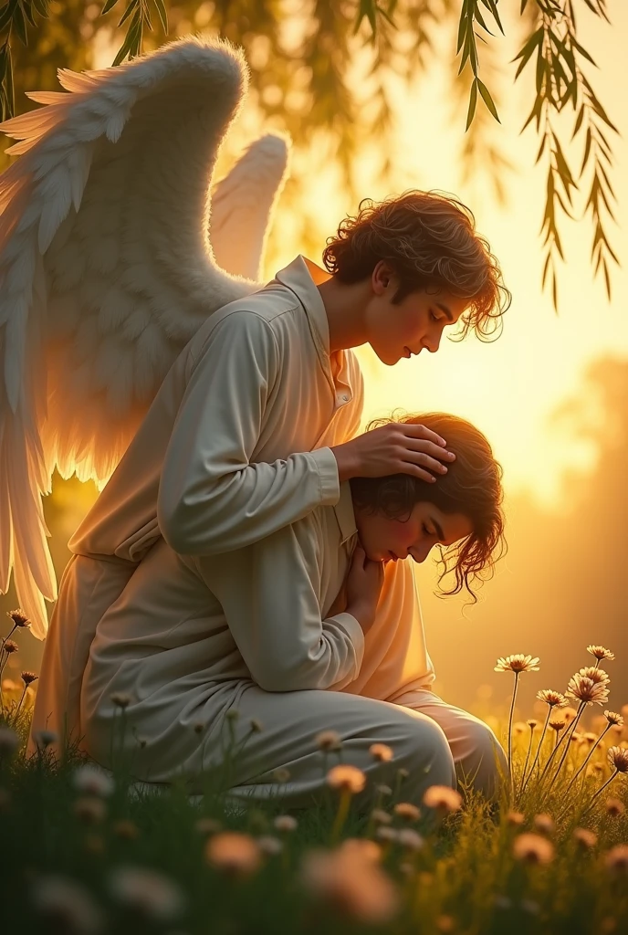 A male angel behind the dejected person on their sad knees