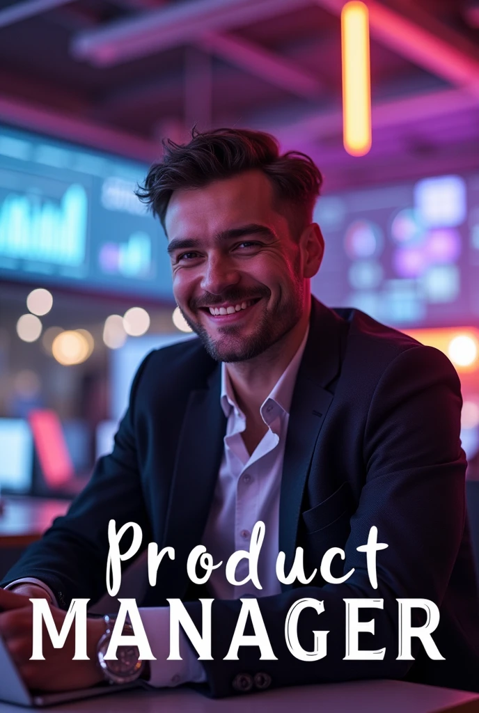 A playful yet serious image representing a handsome male persona who is a product manager in the technology field., with predominant shades of purple and gray and a little orange. Write at the bottom of the image "Product Manager". The image should strongly evoke the tech world..