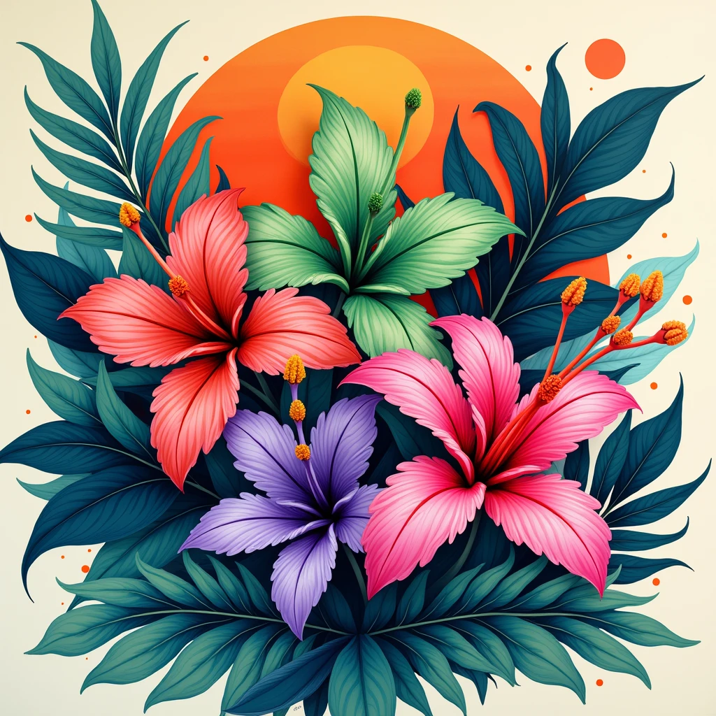 with a tropical flower print that blends with abstract shapes and wavy patterns, in fluorescent shades of green, purple and coral.