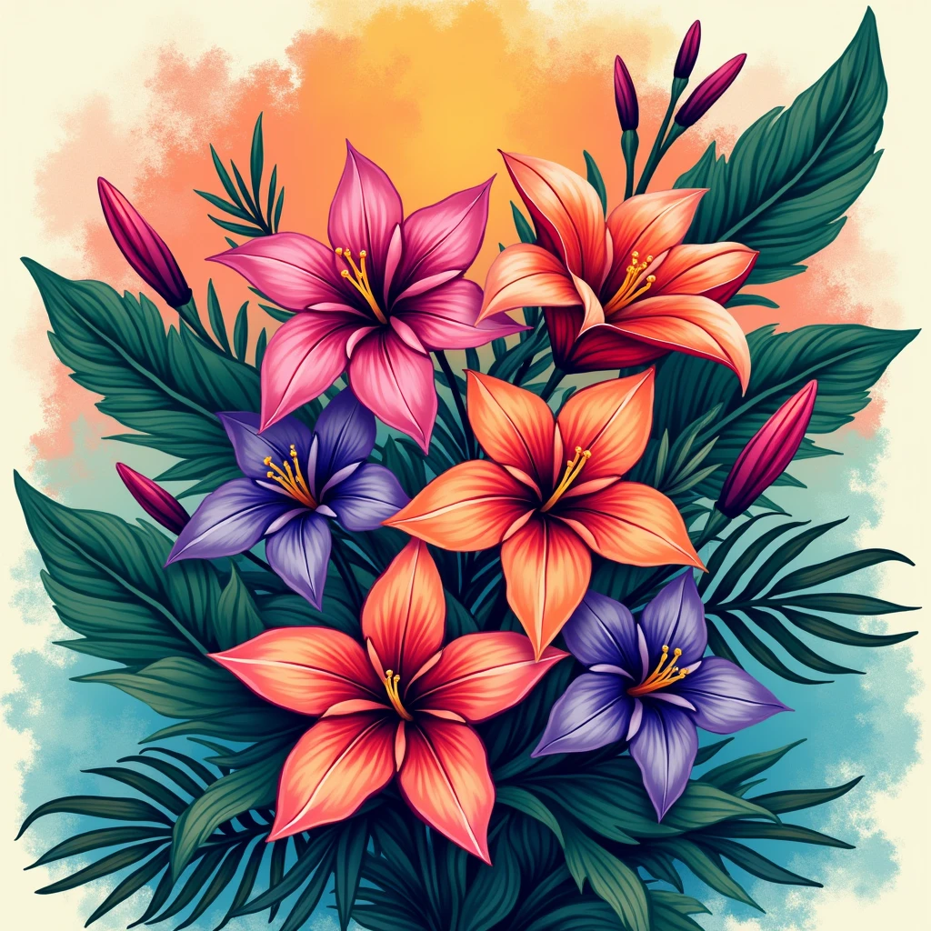 with a tropical flower print that blends with abstract shapes and wavy patterns, in fluorescent shades of green, purple and coral.