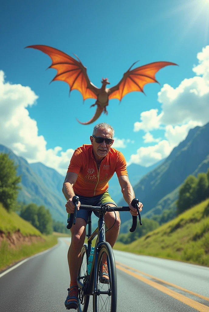50-year-old cyclist climbing a steep road, on a sunny day, looking tired, with a dragon following behind