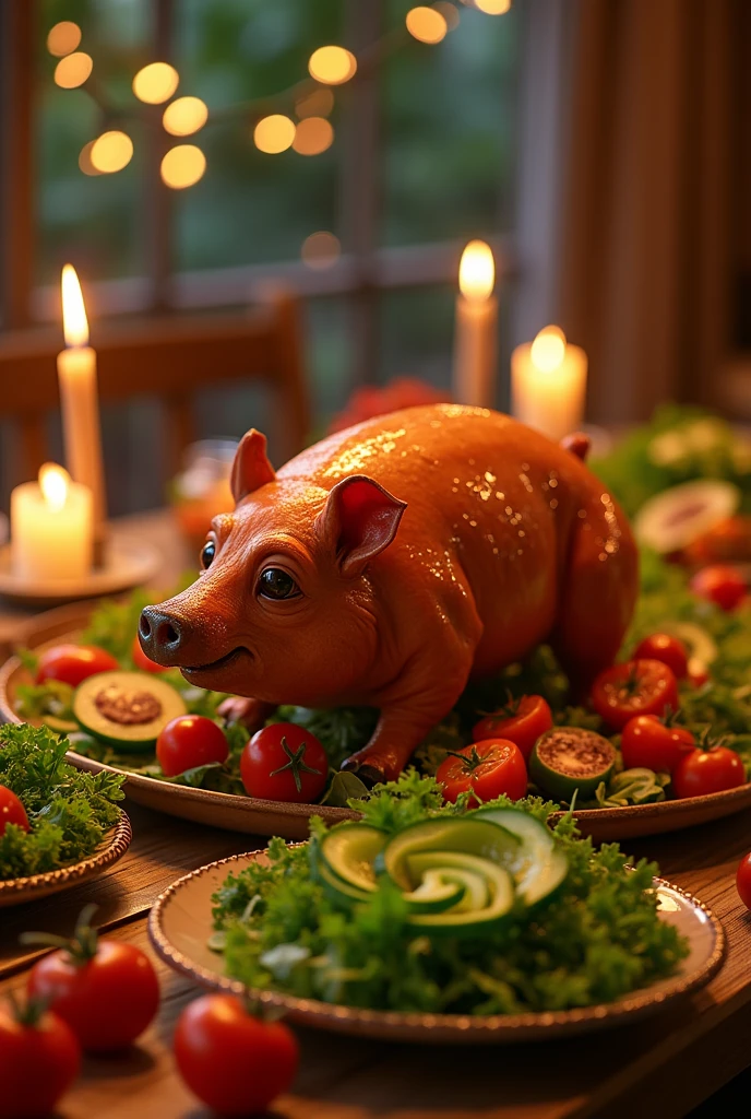 Golden roasted pig, dead and ready to eat on the table with Pixar-style salads