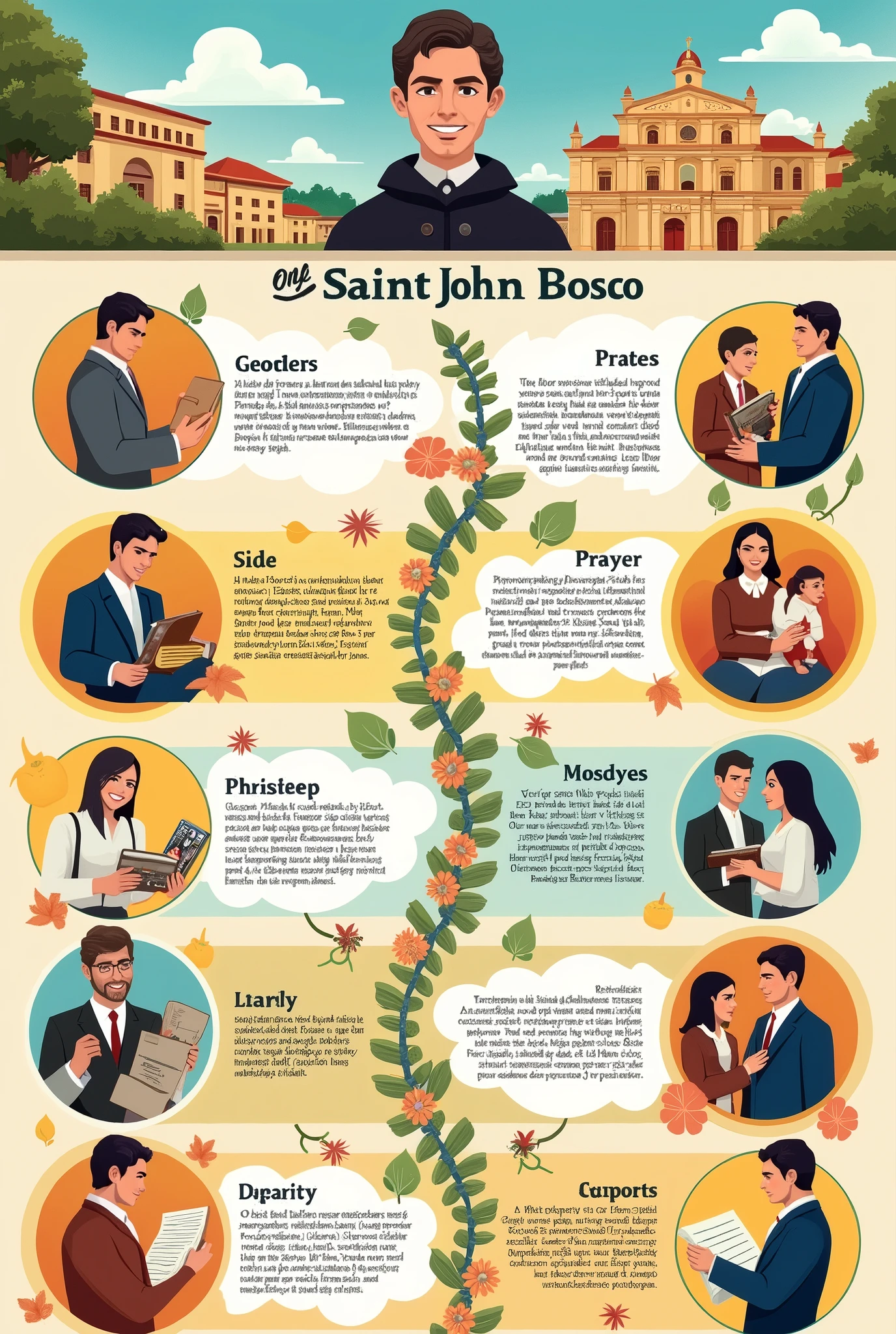 Give me an infographic about life.
1) Based on the learnings obtained in class 7, Create an infographic that contains the main ideas of the life of Saint John Bosco
His early years
His priestly formation
His mission as a teacher and friend of young people