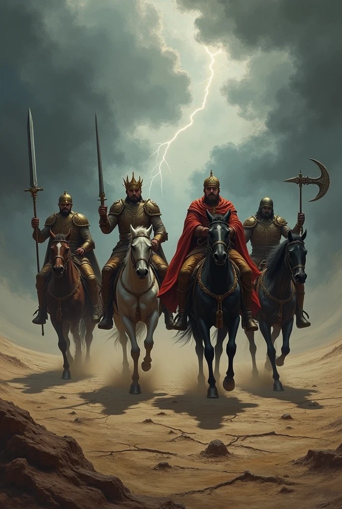 Four horsemen riding across a barren, desolate landscape. Each rider carries a distinct symbol: a crown for conquest, a sword for war, scales for famine, and a scythe for death. The sky above them is dark and ominous, reflecting the chaos they bring.