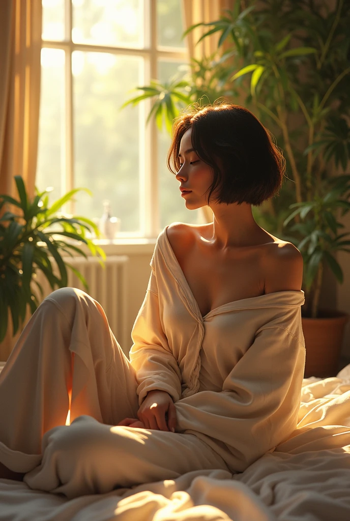 (photorealism:1.2), Caucasian beautiful woman, sitting on bed, wearing loose off-shoulder top, pajama pants, boyhair cut, indoors, soft lighting, plants in background, window with sunlight, cozy room, relaxed pose, realistic, intricate details, warm colors, by Greg Rutkowski, by Alphonse Mucha
