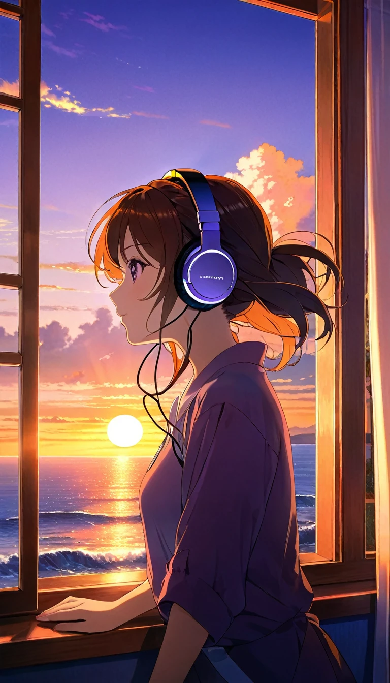 A room with large window frames and curtains billowing in the wind,A girl gazing out the window, Outside the window, a calm sea stretches out, Put on big headphones.The sunset glows in hues of orange and purple, The setting sun cast a beautiful glow on her face,Nostalgic Landscape, An atmosphere reminiscent of Makoto Shinkai's work, White steam rises from the coffee cup