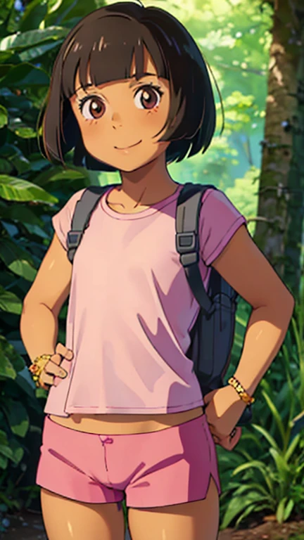 (1girl, solo, highly insanely detailed, masterpiece, top quality, best quality, highres, 4k, 8k, RAW photo),((innocent look)),((Childish)),From the front, symmetrical composition,smile,cute,Innocent,Kind eyes,Flat chest,Hairless vagina, Cameltoe,kotonoha no niwa, zcshinkai\(\style\), forest, solo, dora,  brown eyes, flower, dark-skinned female, (tan), bob cut, pink shirt, shorts, bracelet, backpack,