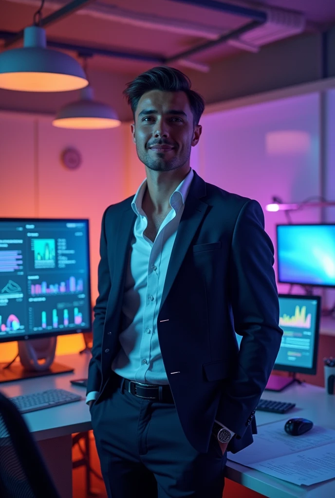 A playful yet serious image representing a handsome male persona who is a product manager in the technology field., with predominant shades of purple and gray and a little orange. Write at the bottom of the image "Product Manager". The image should strongly evoke the tech world..