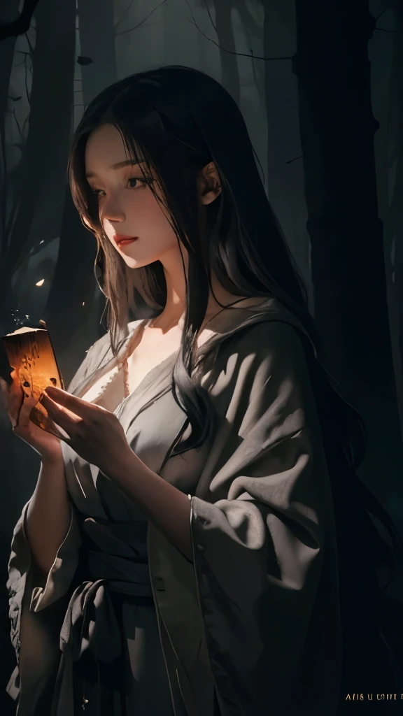 Beautiful girl in a gray robe standing in a dark forest, Magnificent style, Octane Rendering, Desert Composition, Beautiful Face, Surreal, Oil on canvas, Award-winning, masterpiece, Trending on Art Station, Studio Ghibli