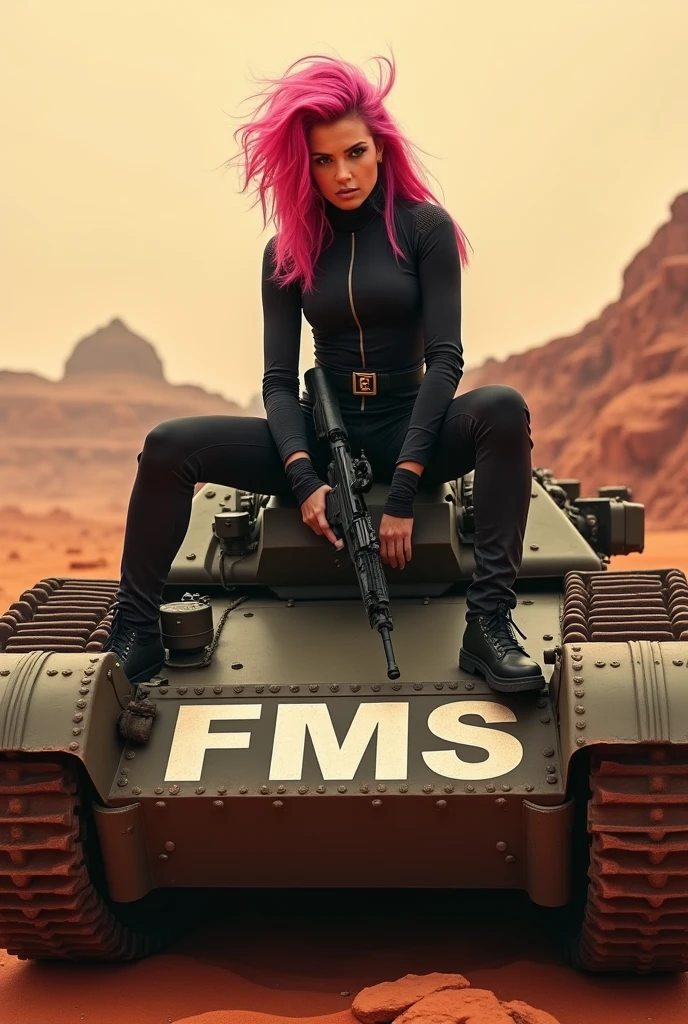 A woman with pink hair sitting on top of a military tank.. The tank should have the word "FMS" painted in large, bright letters on the side. The setting is outdoors, possibly in a Martian military environment and dramatic. The person is holding what appears to be a firearm and is dressed in dark clothing that contrasts with the bright color of the hair. Make sure the image has a sharp focus on the person. best qualityer, 3d