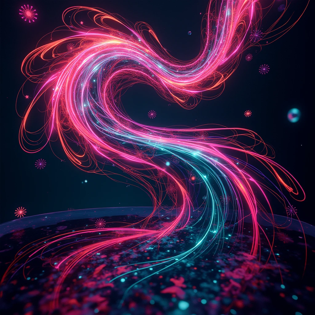 with a pattern of spirals and waves in neon pink tones, green and blue, with fluid geometric shapes that appear to move when observed.