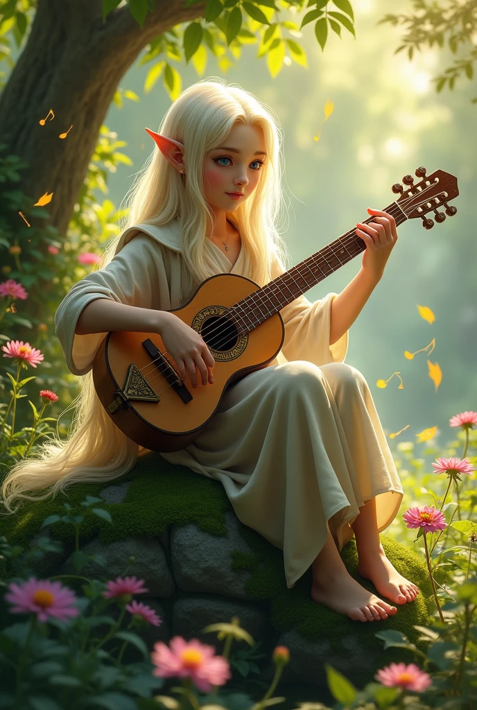 Handsome blond man drow elf playing a lute 