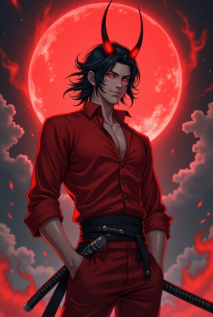 A man with black and red hair, wearing a red shirt, red pants, a red magic on his head, red glowing small horns on his head, a large red magic circle on his back, a samurai sword Yadon on both waists, smiling with something hidden anime