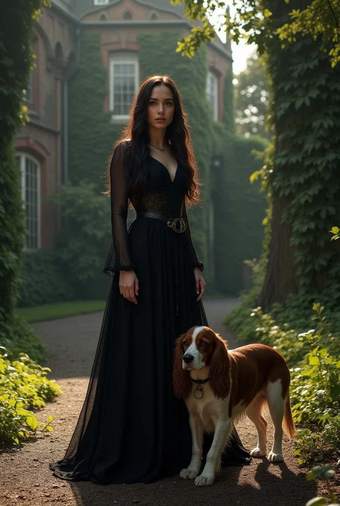 (photorealism:1.2), Katie McGrath as Morgana Pendragon with long dark hair , wearing long black dress, red and white Brittan spaniel standing next to her, old mansion in the background