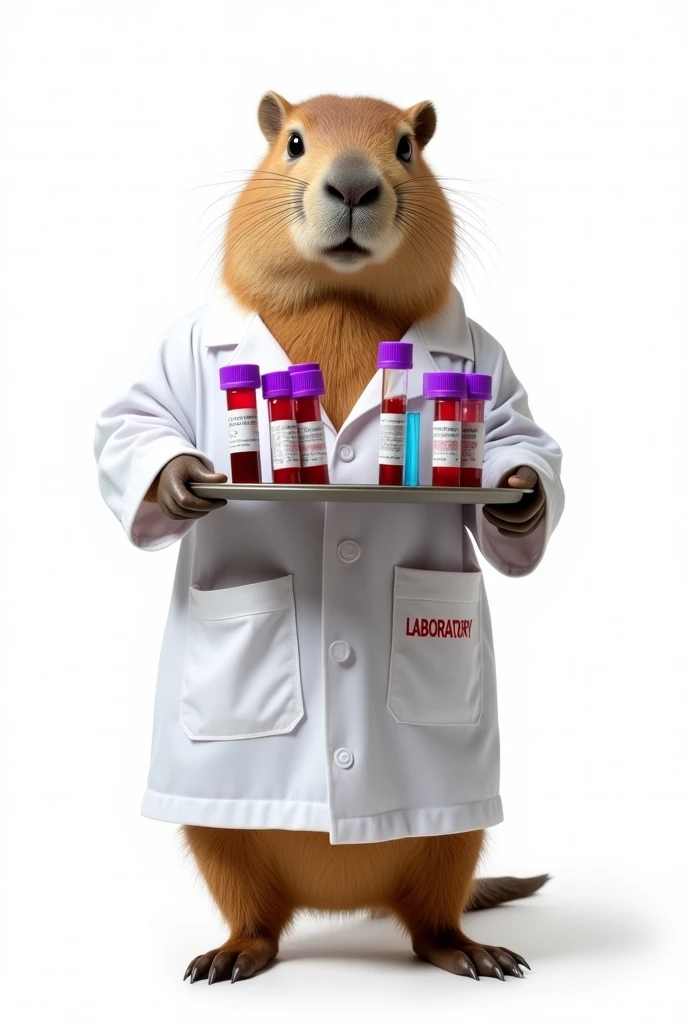 CREATE DRAWING OF A CAPYBARA ,IN A WHITE COAT WITH A TRAY WITH PURPLE-LID BLOOD TUBES,red and blue.IN THE LAB COAT POCKET WRITE LABORATORY.no back ground.