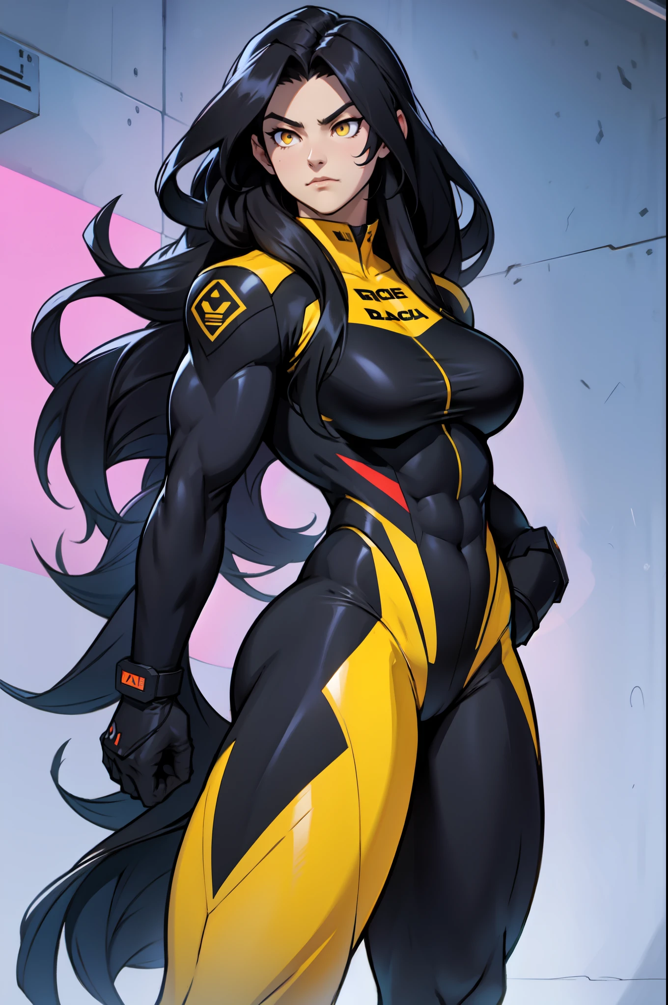 huge muscles huge breasts huge thighs pale skin black hair yellow eyes very long hair muscular girl sad frown expressionless skintight