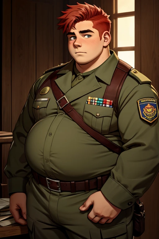 Teen boy, fat, morbid obesity, 18 yo, soldier uniform , red haired 