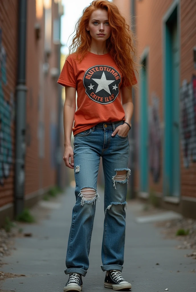 A woman with 1,67m, long  hair, light red hair, blue colored eyes, face covered in freckles. strong bodie, well structured, small scar on eyebrow very subtle. 
Usa um jeans, all star, t-shirts from some 80s rock band. 
Always a very closed expression 
