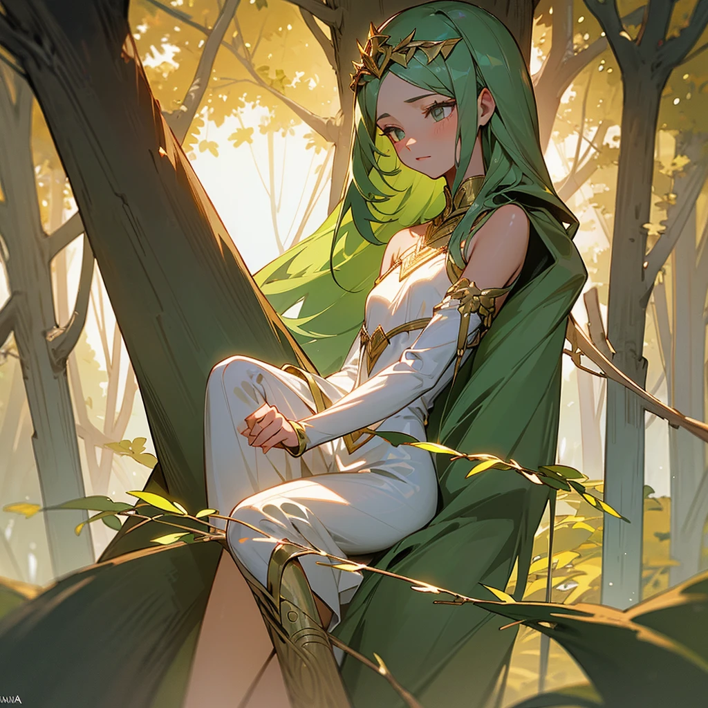 fantasy, 1forest_elemental_girl, fighting, (using_leaves_clothes, green_leaves_covered_breasts, leaves_covered_pussy)+++,medium_breasts,dynamic_pose_standing, light_smile, sleepy, medium_hair, navel,(dark_skin)+, oil, (winding_vine_around_torso)++, plump,forest, trees_background, leaves_headgear, green_leaves_cape, hold_large_long_staff, thighhighs,