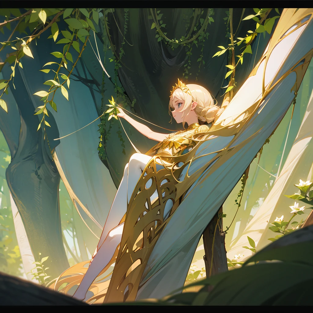 Name: Veronica Lavrisa Appearance: Veronica has long, like vines, with light hair, shimmering in the sun with golden highlights. Her skin is covered with delicate, with golden patterns, reminiscent of the structure of laurel leaves. Deep forest eyes, reflecting the wisdom of the age-old tree. From the shoulders and neck, as if from tree trunks, climbing shoots with small white flowers are breaking through.