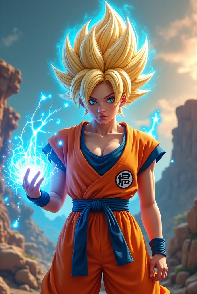 Beautiful big breasts asian women cosplay as goku in super saiya state, with power on her hand ready to shoot kamehameha, realistic photography, look at the viewer,