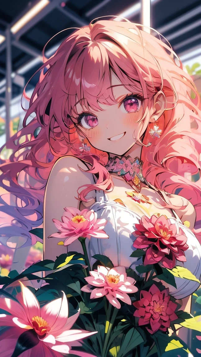 Masterpiece、smile、Anime Girls、Red Hair、Long Hair、Cute Anime Girls、smile、(((Pink Dahlia)))、Lots of Dahlias、Upper Body、fractal art、Gwaiz、Pool、garden