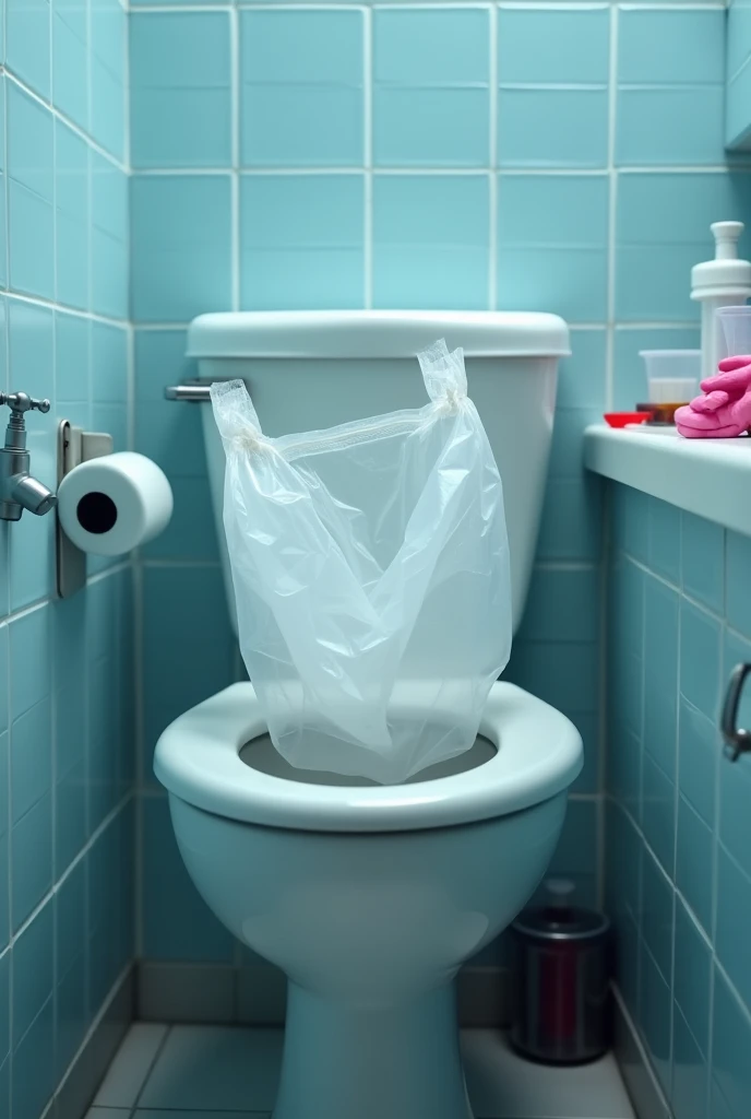 A plastic bag with handles placed under the toilet seat to collect fecal matter for analysis 