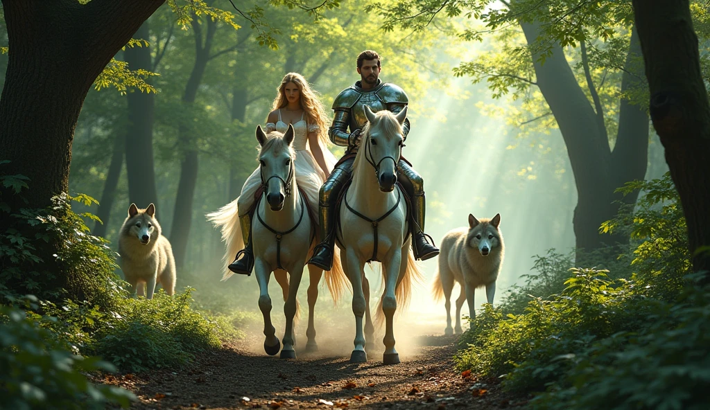 There is a forest. In the forest, a prince and a princess are sitting on horses And on the way they were stopped by wolves and snakes
