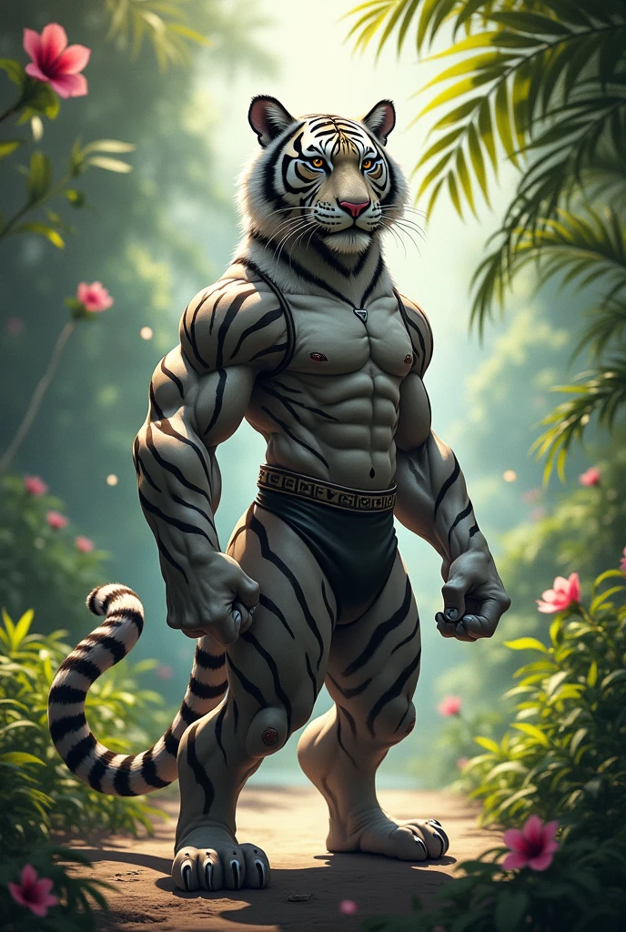 A male grey masculine tiger fursona wearing a tank top but he's naked from the waist down. He has a flacid cock and two tails